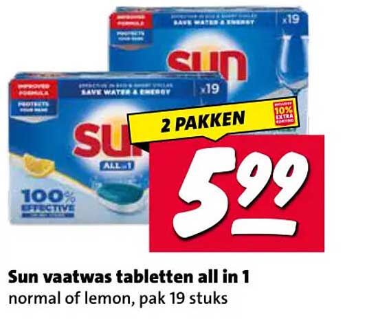 Sun vaatwas tabletten all in 1 normal of lemon, pak 19 stuks 2 pakken
