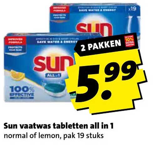 Sun vaatwas tabletten all in 1 normal of lemon, pak 19 stuks 2 pakken
