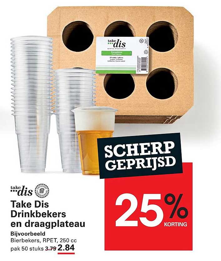 Take Dis Drinkbekers en draagplateau 25% korting