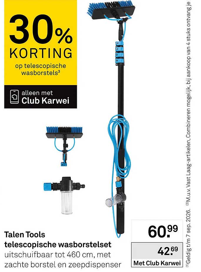 Talen Tools telescopische wasborstelset uitschuifbaar tot 460 cm, met zachte borstel en zeepdispenser