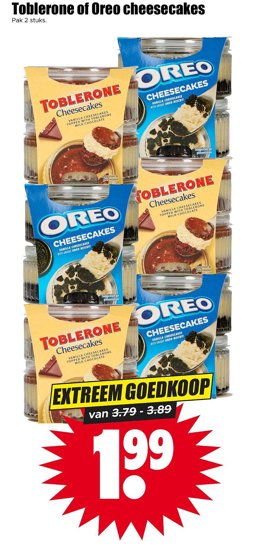 Toblerone of Oreo cheesecakes Pak 2 stuks. EXTREEM GOEDKOOP