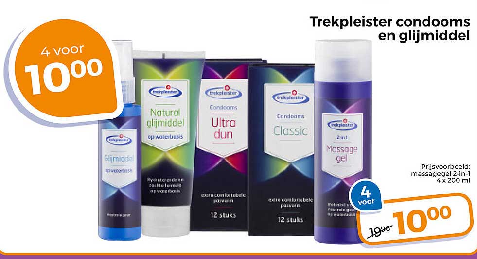 Trekpleister condooms en glijmiddel 4 voor 10,00