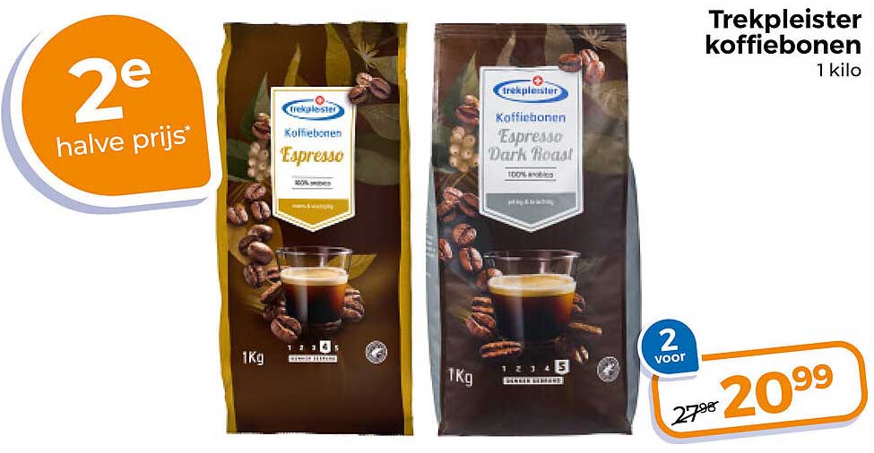 Trekpleister koffiebonen 1 kilo 2 voor 20,99 2e halve prijs