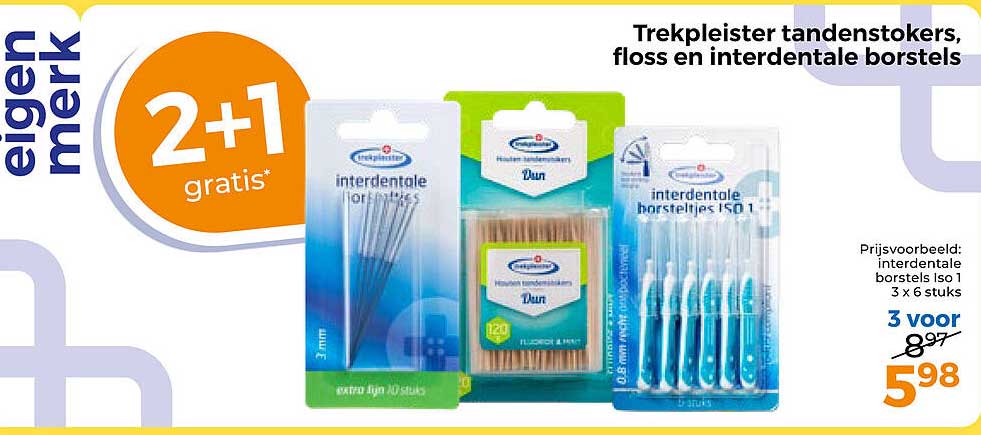 Trekpleister tandenstokers, floss en interdentale borstels 2+1 gratis*