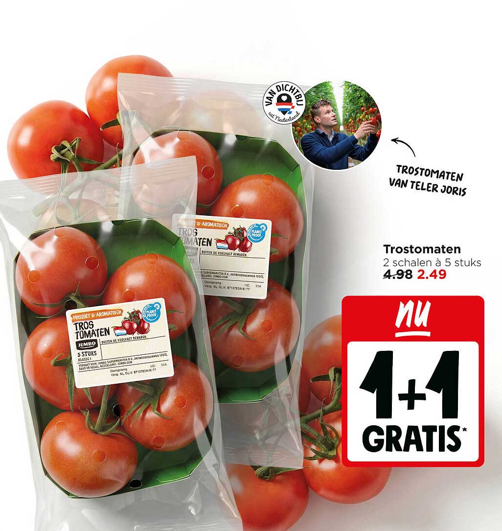 Trostomaten 2 stuks à 5 stuks 1+1 gratis