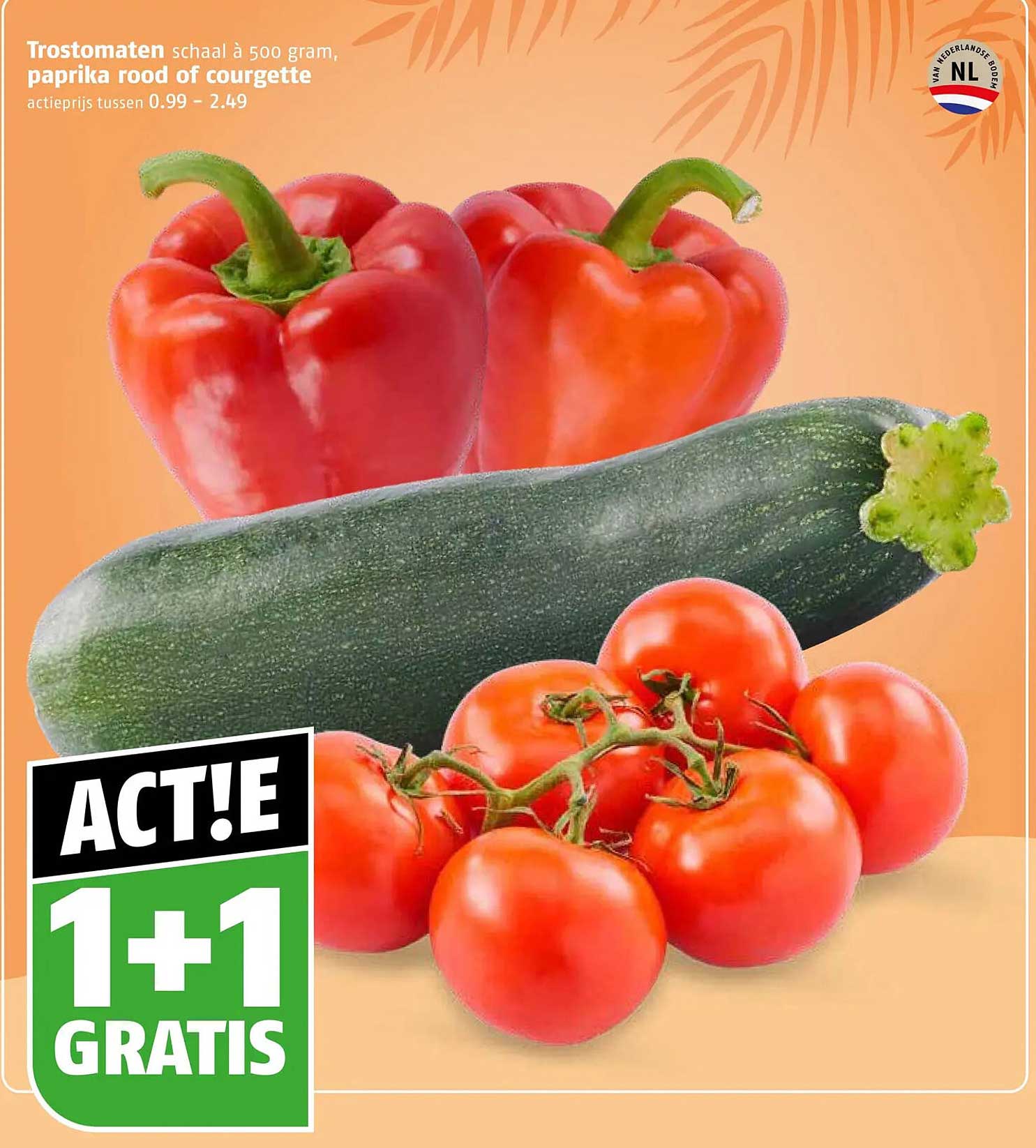 Trostomaten schaal à 500 gram, paprika rood of courgette 1+1 gratis