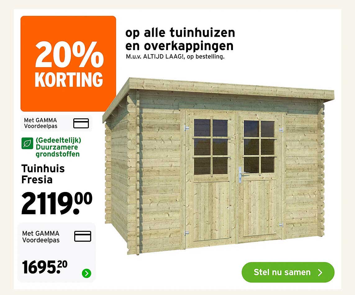 Tuinhuis Fresia 20% KORTING op alle tuinhuisen en overkappingen