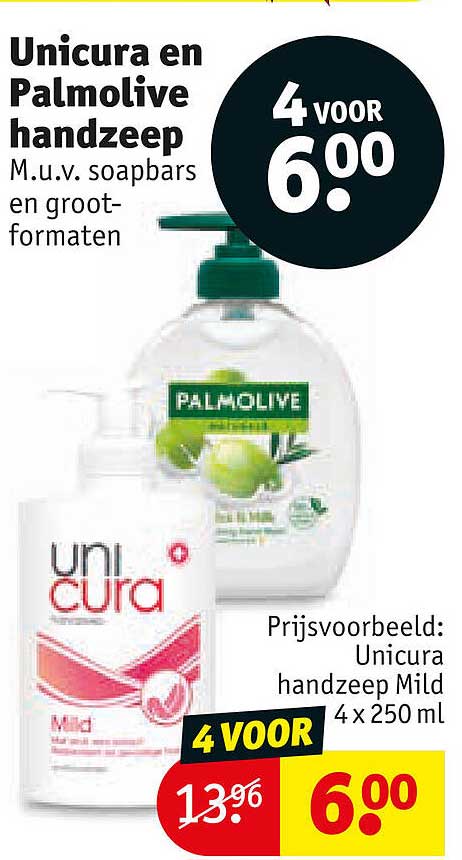 Unicura en Palmolive handzeep M.u.v. soapbars en groot-formaten 4 voor 6.00