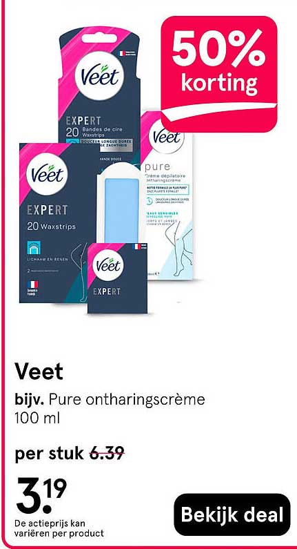 Veet bijv. Pure ontharingscrème 100 ml 50% korting