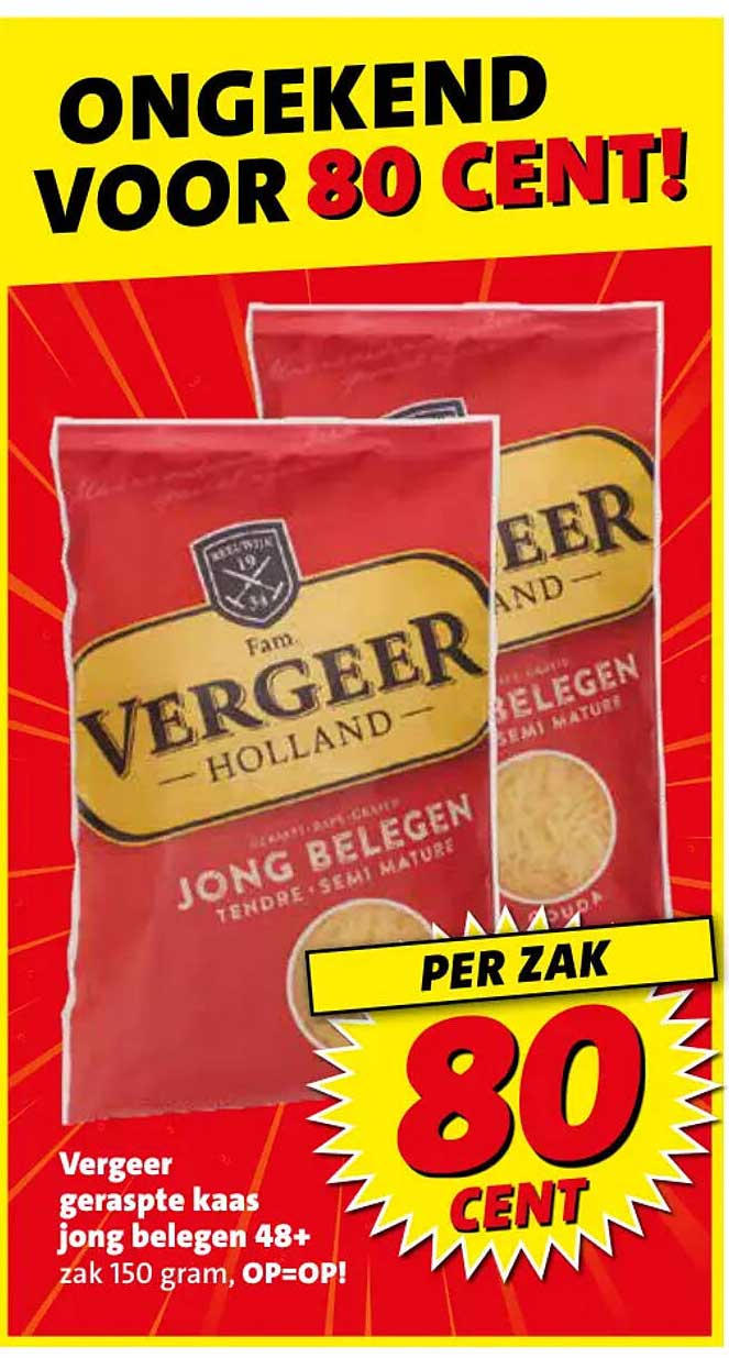 Vergeer geraspte kaas jong belegen 48+ zak 150 gram, OP=OP!