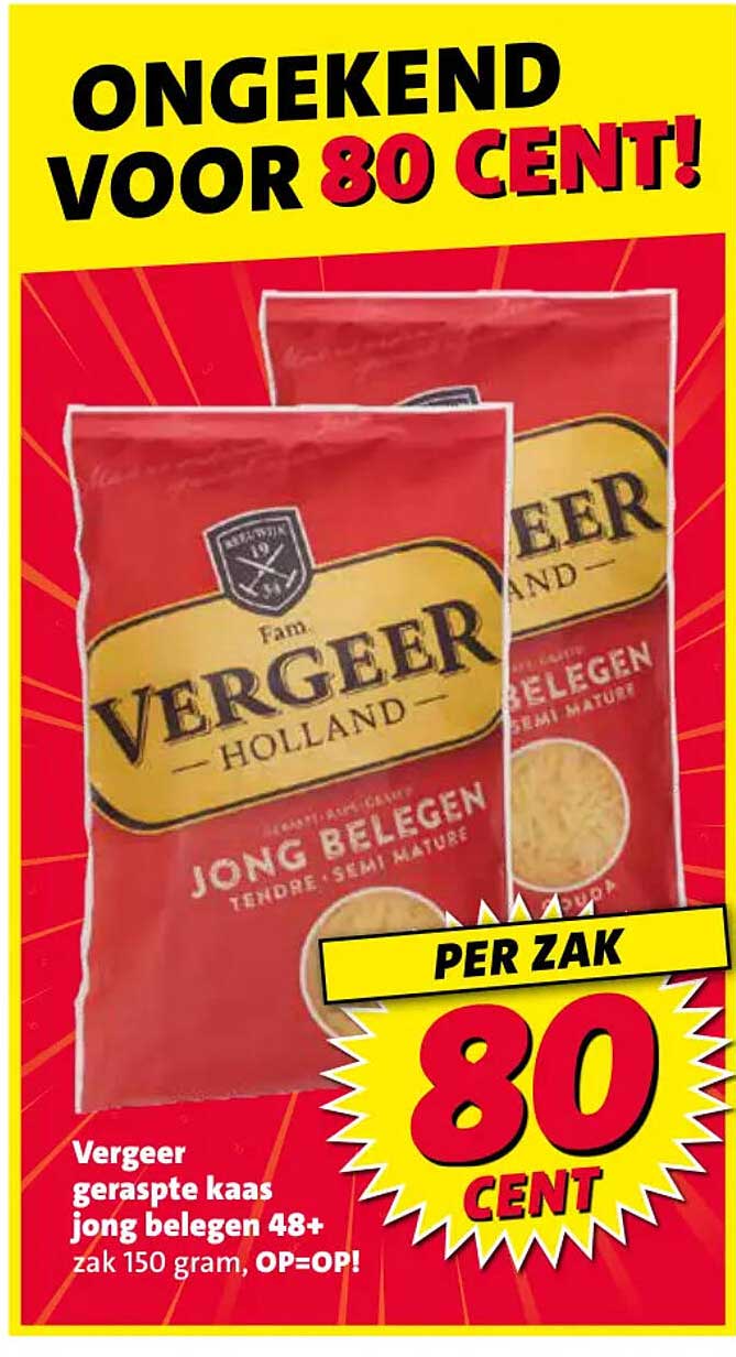 Vergeer geraspte kaas jong belegen 48+ zak 150 gram, OP=OP!