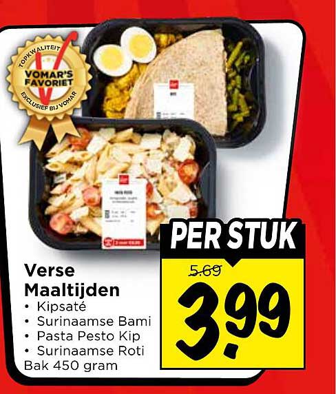 Verse Maaltijden - Kipsaté, Surinaamse Bami, Pasta Pesto Kip, Surinaamse Roti Bak 450 gram