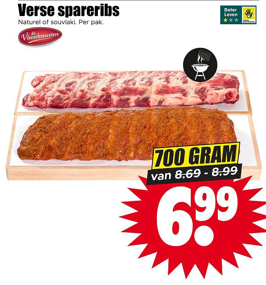 Verse spareribs Naturel of souvlaki. Per pak. 700 GRAM
