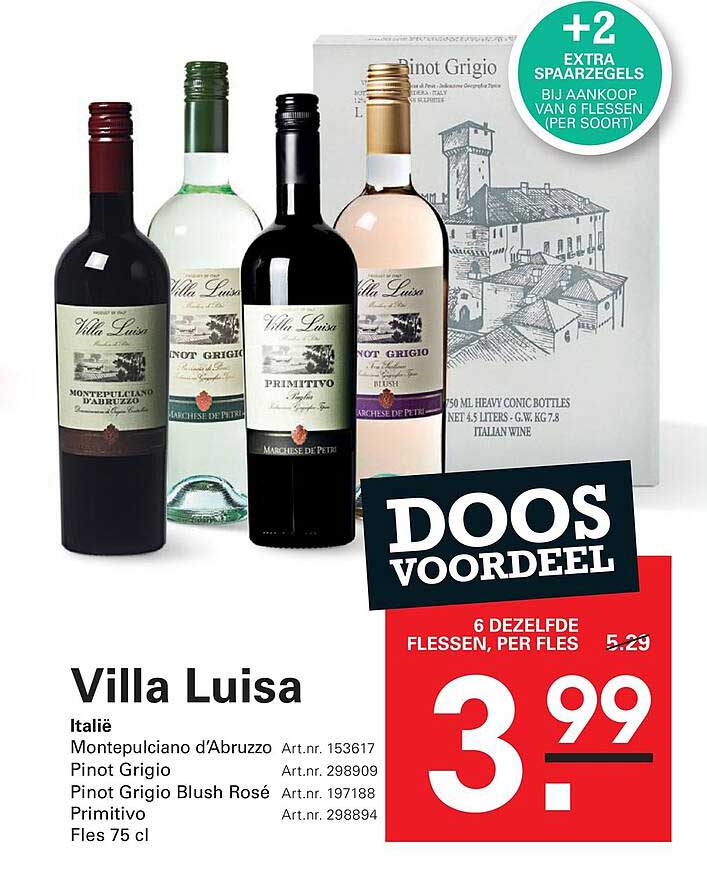 Villa Luisa Italië Montepulciano d'Abruzzo Pinot Grigio Pinot Grigio Blush Rosé Primitivo Fles 75 cl DOOS VOORDEEL