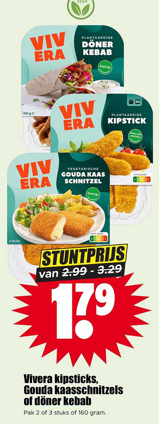 Vivera kipsticks, Gouda kaasschnitzels of döner kebab
