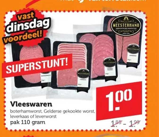 Vleeswaren boterhamworst, Gelderse gekookte worst, leverkaas of leverworst pak 110 gram SUPERSTUNT!