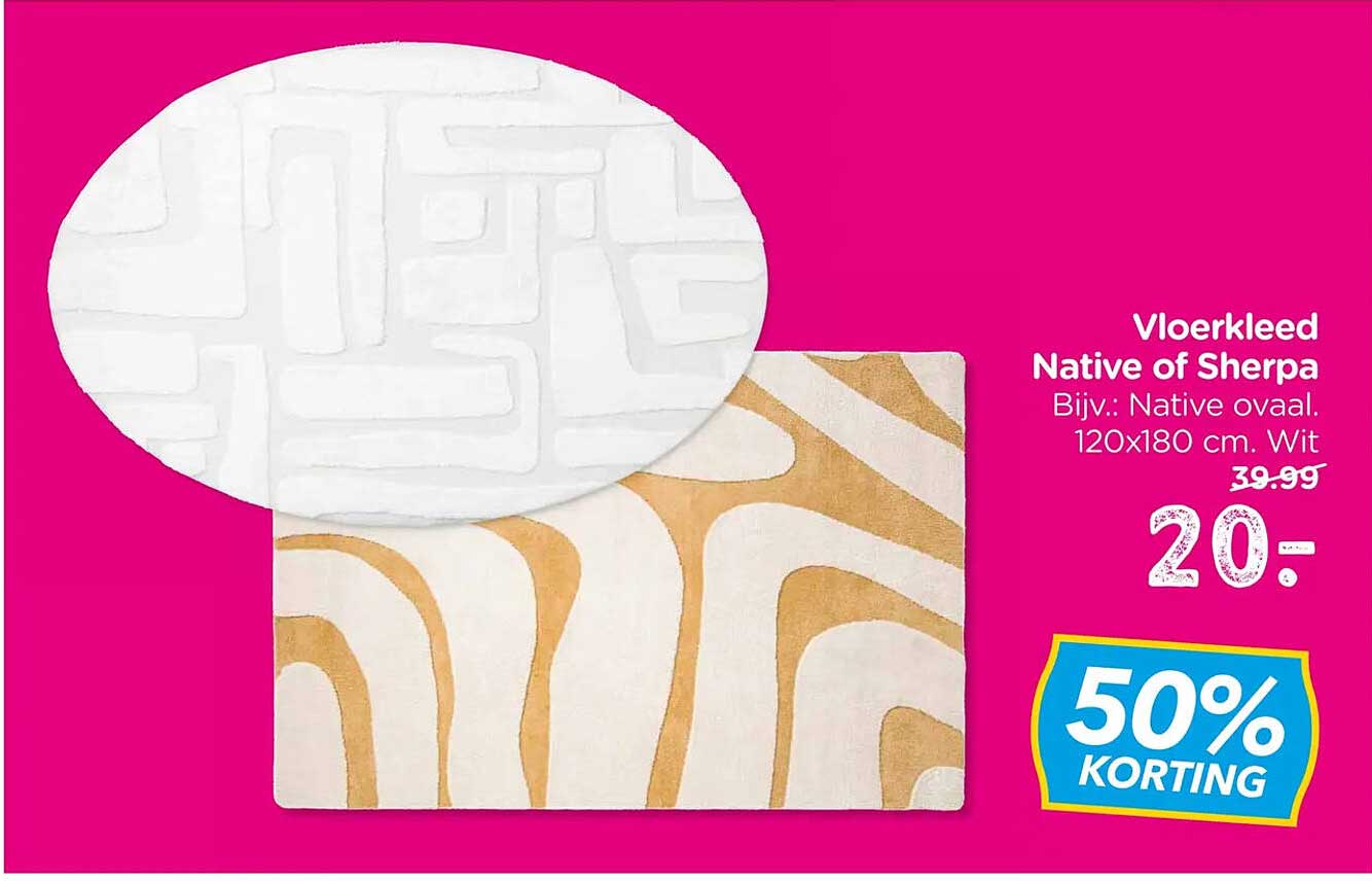 Vloerkleed Native of Sherpa Bijv.: Native ovaal. 120x180 cm. Wit 50% KORTING