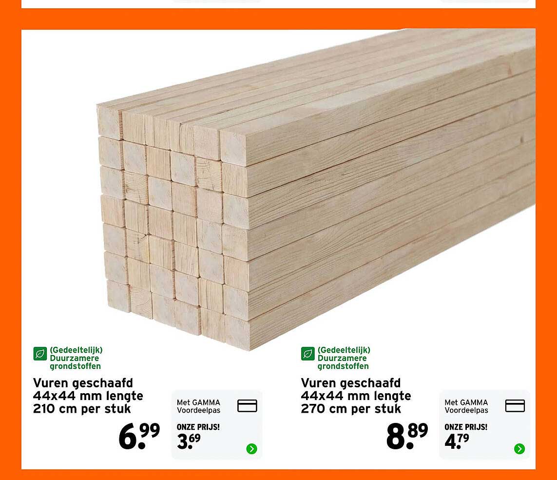 Vuren geschaafd 44x44 mm lengte 210 cm per stuk