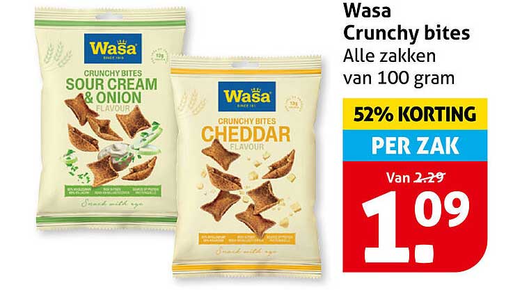 Wasa Crunchy bites Alle zakken van 100 gram 52% KORTING PER ZAK
