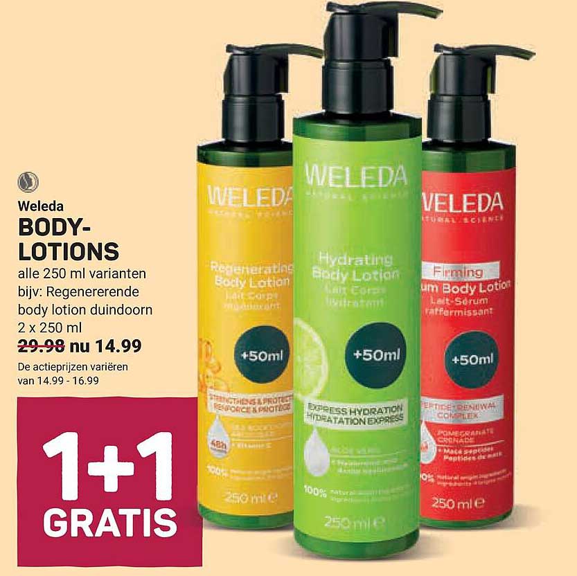 Weleda BODY-LOTIONS alle 250 ml varianten bijv: Regenererende body lotion duindoorn 2 x 250 ml 1+1 GRATIS