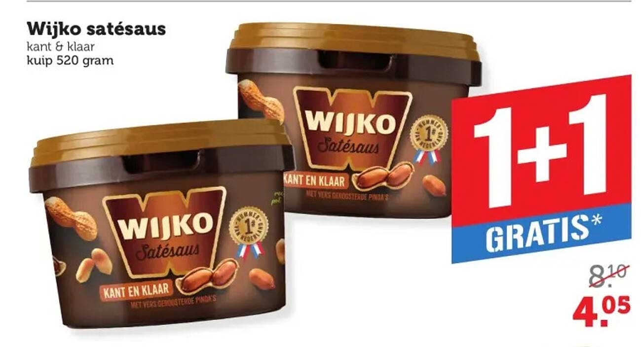 Wijko satésaus kant & klaar kuip 520 gram 1+1 GRATIS