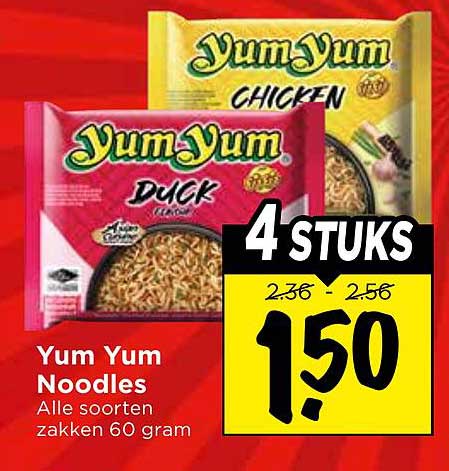 Yum Yum Noodles Alle soorten zakken 60 gram 4 STUKS