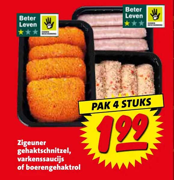 Zigeuner gehaktschnitzel, varkenssaucijs of boerengehaktrol PAK 4 STUKS