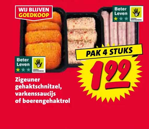 Zigeuner gehaktschnitzel, varkenssaucijs of boerengehaktrol PAK 4 STUKS