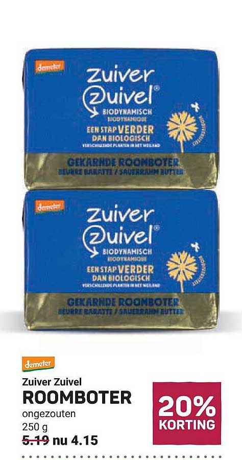 Zuiver Zuivel ROOMBOTER ongezouten 250 g 20% KORTING