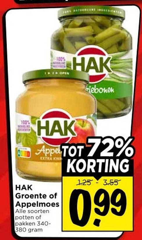 HAK Groente of Appelmoes Alle soorten potten of pakken 340-380 gram TOT 72% KORTING
