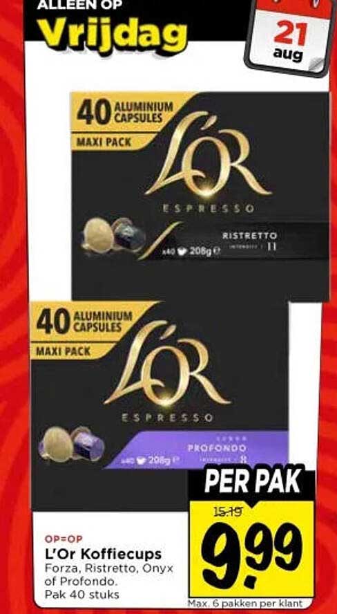 L'OR Koffiecups Forza, Ristretto, Onyx of Profondo. Pak 40 stuks PER PAK