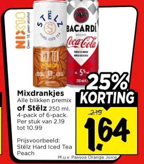 Mixdrankjes Alle blikken premix of Stëlz 250 ml. 4-pack of 6-pack. Per stuk van 2.19 tot 10.99 25% KORTING