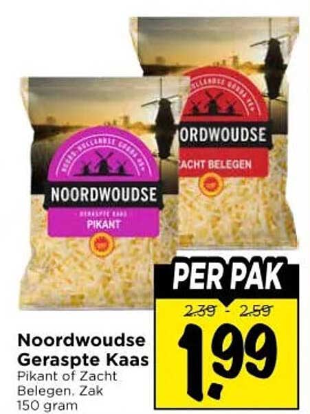 Noordwoudse Geraspte Kaas Pikant of Zacht Belegen, Zak 150 gram PER PAK