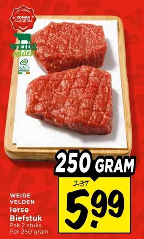 Weide velden Ierse Biefstuk Pak 2 stuks. Per 250 gram