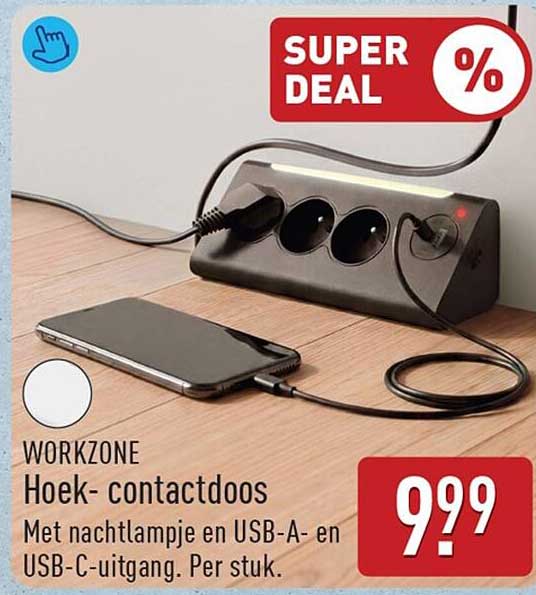 WORKZONE Hoek- contactdoos Met nachtlampje en USB-A- en USB-C-uitgang. Per stuk.