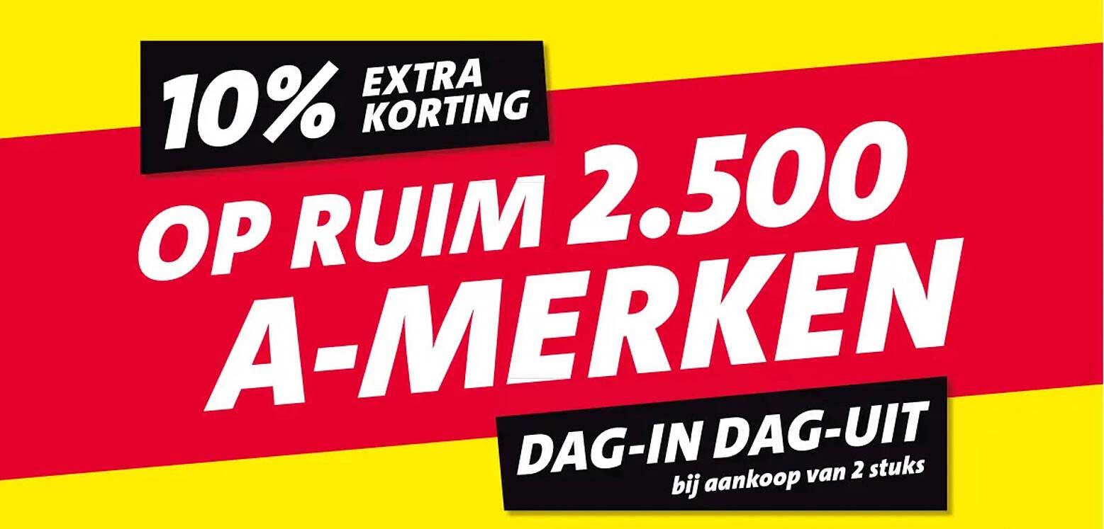 10% extra korting op ruim 2.500 A-merken dag-in dag-uit bij aankoop van 2 stuks