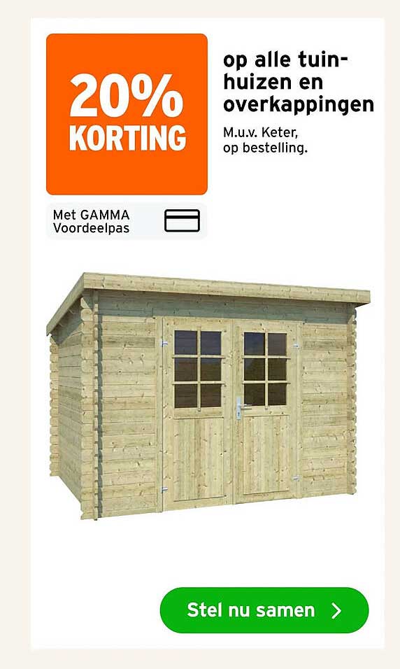 20% korting op alle tuinhuizen en overkappingen