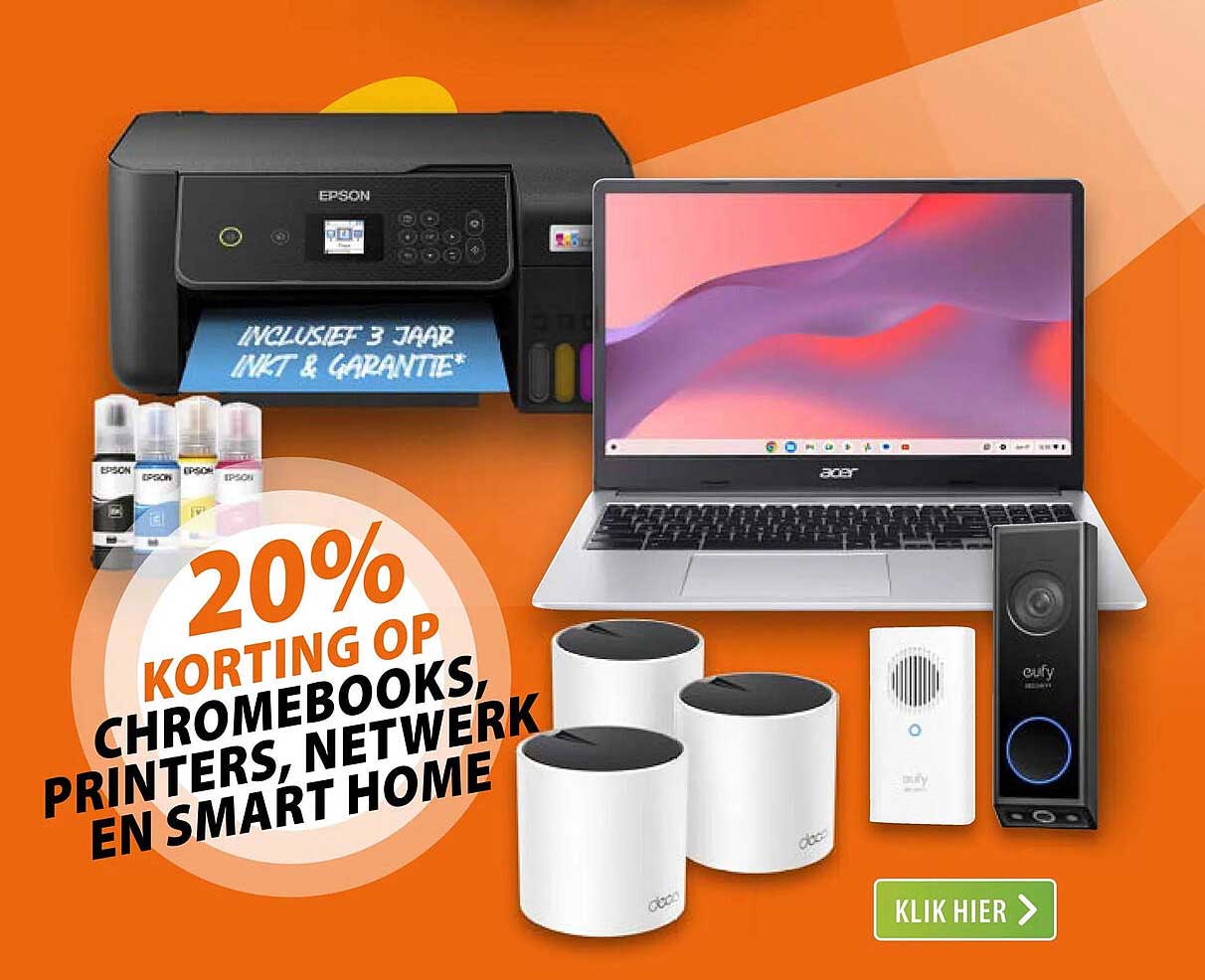 20% korting op Chromebooks, printers, netwerk en smart home
