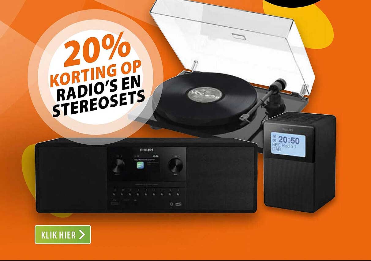 20% korting op radio’s en stereosets