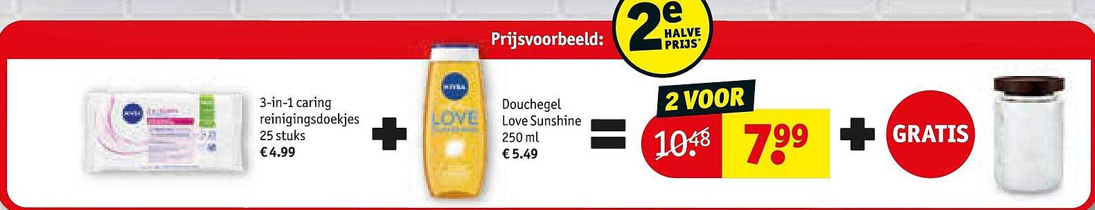 3-in-1 caring reinigingsdoekjes 25 stuks + Douchegel Love Sunshine 250 ml 2 voor €7,99 + gratis potje - 2e halve prijs