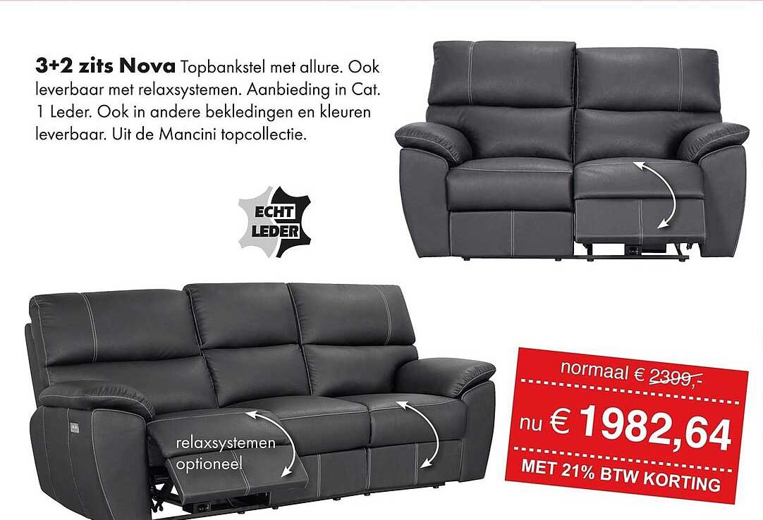 3+2 zits Nova Topbankstel met allure. Ook leverbaar met relaxsystemen. Aanbieding in Cat. 1 Leder. Ook in andere bekledingen en kleuren leverbaar. Uit de Mancini topcollectie.