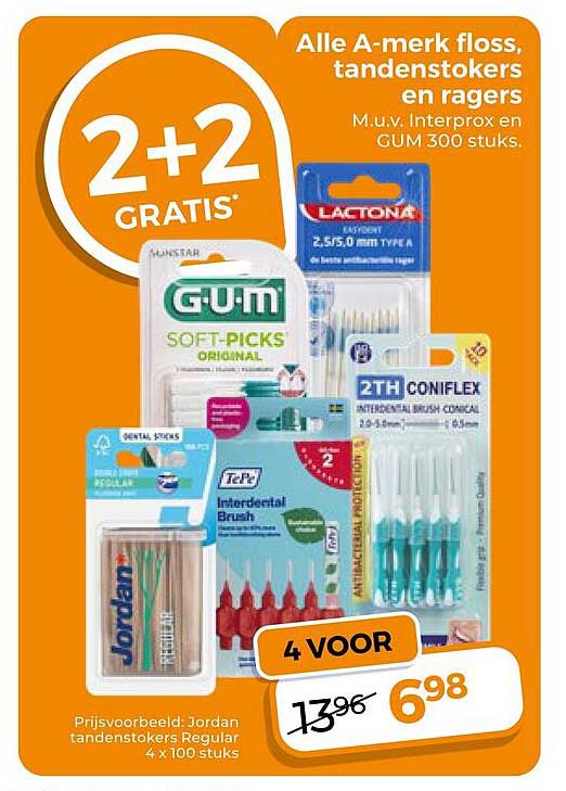 Alle A-merk floss, tandenstokers en ragers 2+2 GRATIS