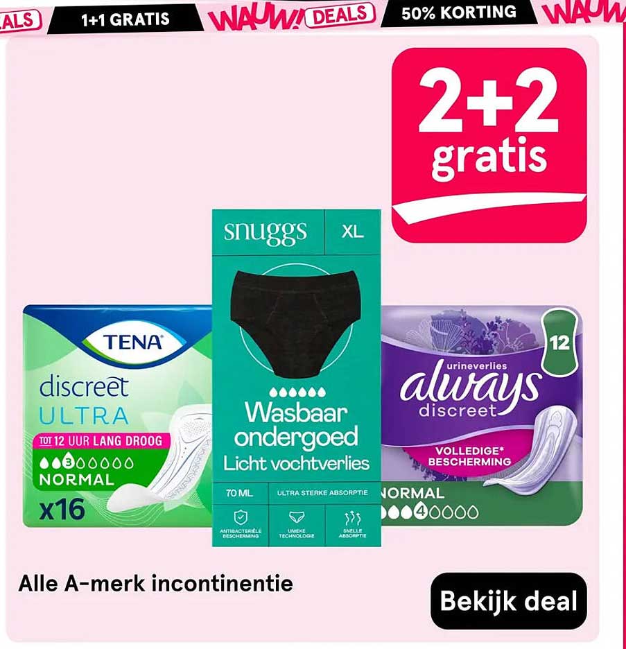 Alle A-merk incontinentie 2+2 gratis