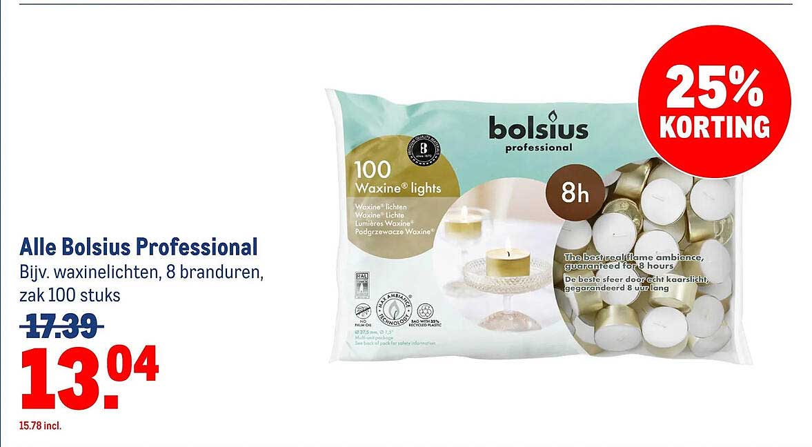 Alle Bolsius Professional Bijv. waxinelichten, 8 branduren, zak 100 stuks 25% KORTING