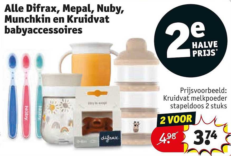 Alle Difrax, Mepal, Nuby, Munchkin en Kruidvat babyaccessoires 2e halve prijs