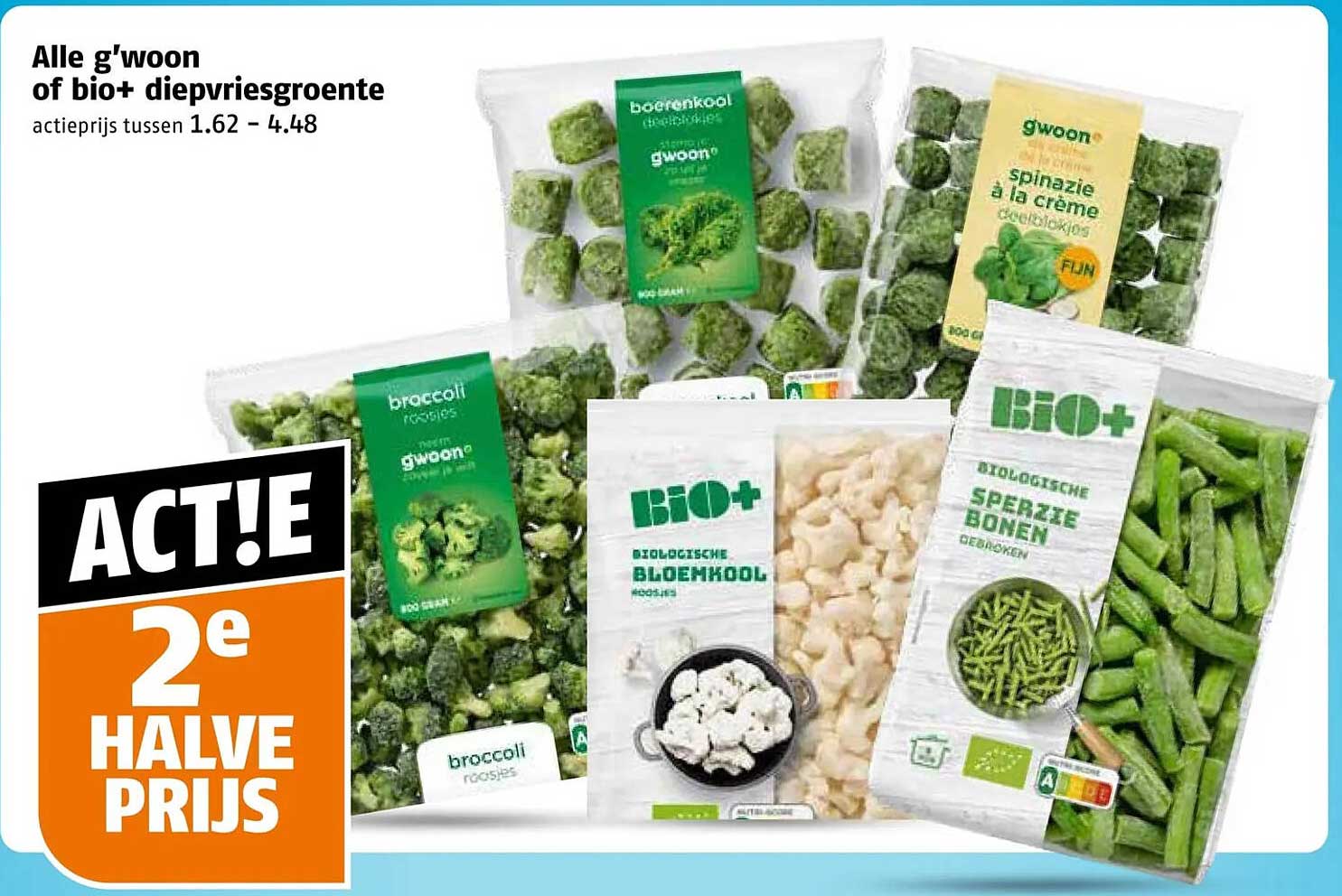 Alle g'woon of bio+ diepvriesgroente 2e halve prijs