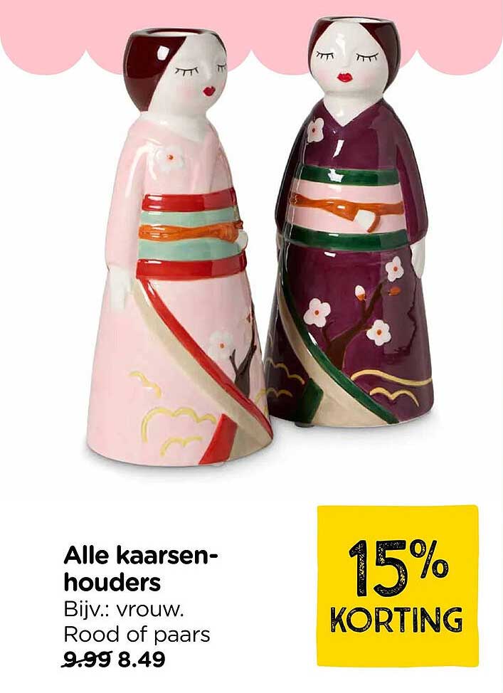Alle kaarsen-houders Bijv.: vrouw. Rood of paars 15% KORTING