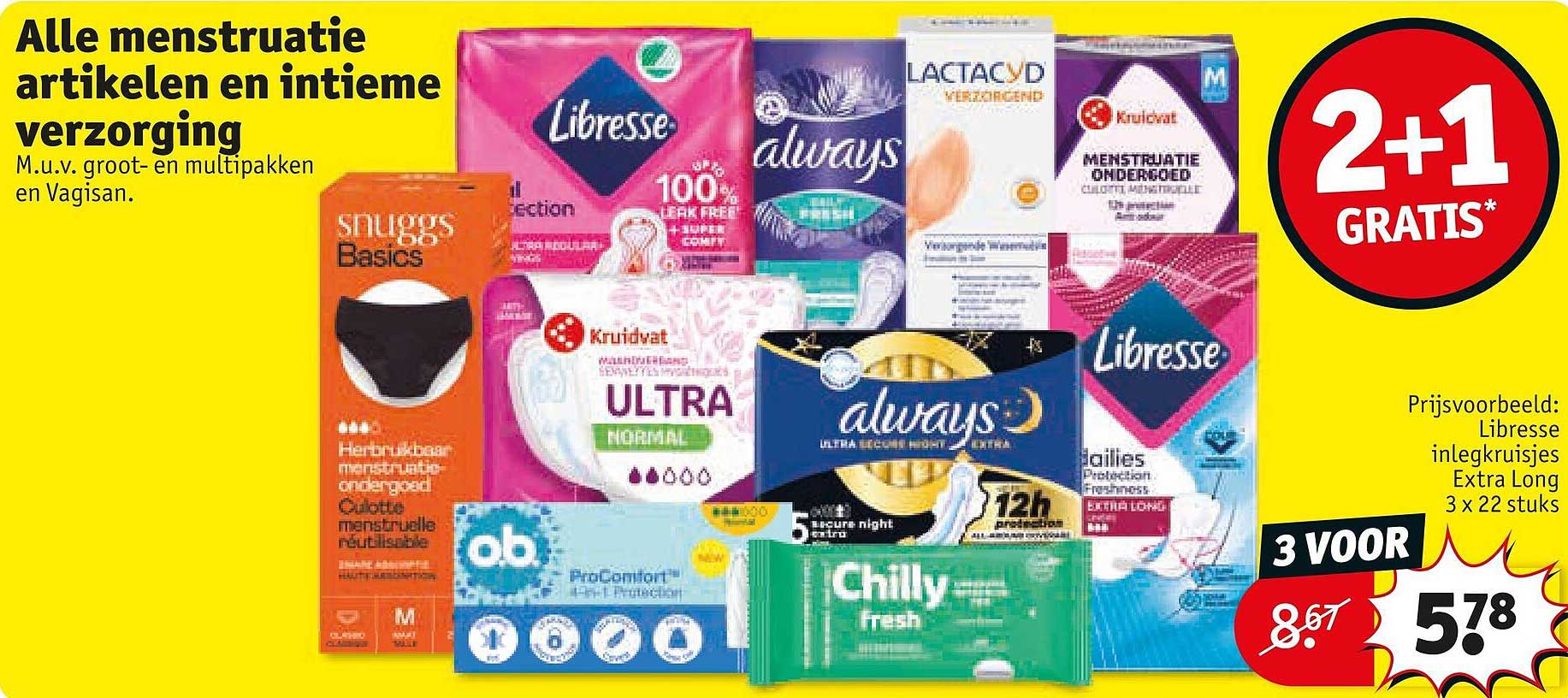 Alle menstruatie artikelen en intieme verzorging 2+1 gratis*
