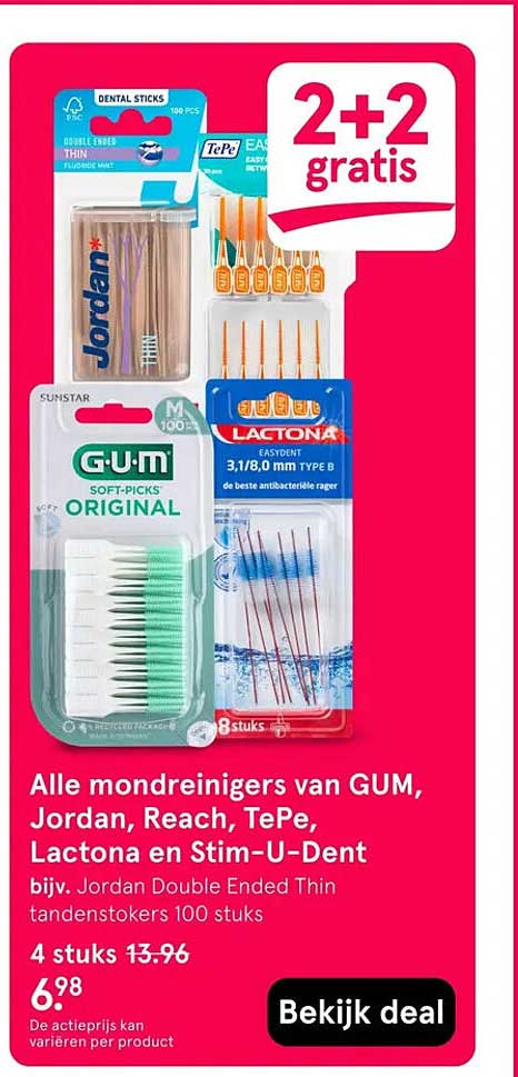 Alle mondreinigers van GUM, Jordan, Reach, TePe, Lactona en Stim-U-Dent 2+2 gratis