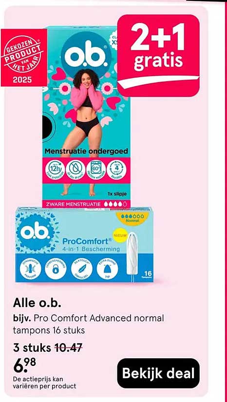 Alle o.b. bijv. Pro Comfort Advanced normal tampons 16 stuks 2+1 gratis